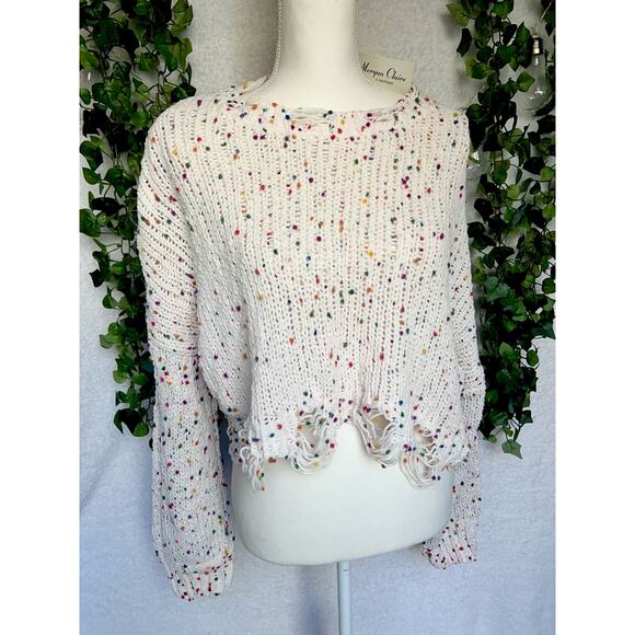 Morgan Claire White & Multicolor Distressed Open Knit Sweater Women's Medium NWT - Picture 2 of 10